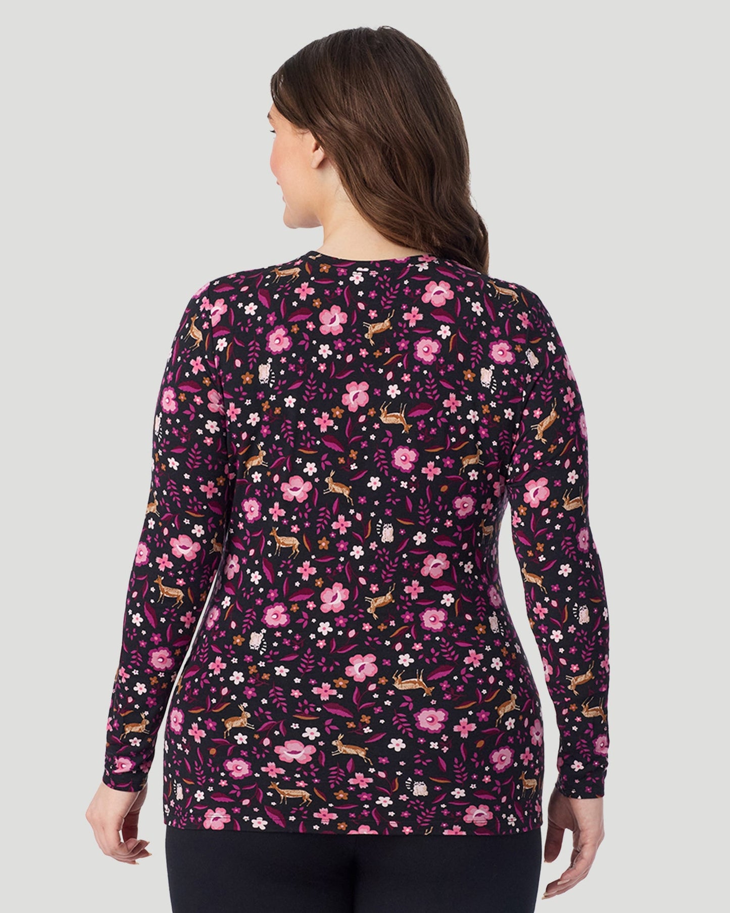 Black Woodland; Model is wearing size 1X. She is 5'10", Bust 44", Waist 36", Hips 49". @ A Plus size lady wearing Black Woodland Softwear With Stretch Long Sleeve Crew PLUS in a back view pose