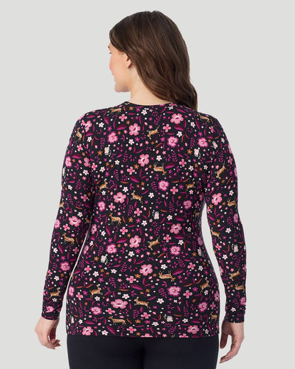  A Plus size lady wearing Black Woodland Softwear With Stretch Long Sleeve Crew PLUS in a back view pose