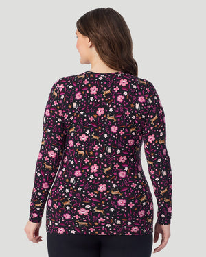  A Plus size lady wearing Black Woodland Softwear With Stretch Long Sleeve Crew PLUS in a back view pose