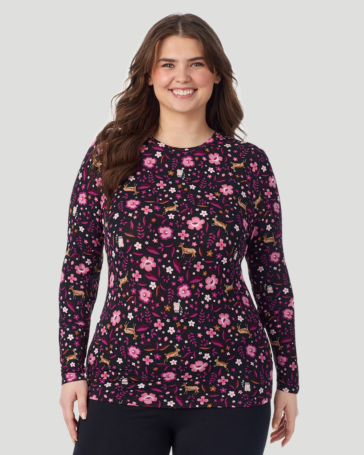 Black Woodland; Model is wearing size 1X. She is 5'10", Bust 44", Waist 36", Hips 49". @ A Plus size lady wearing Black Woodland Softwear With Stretch Long Sleeve Crew PLUS in a front view pose
