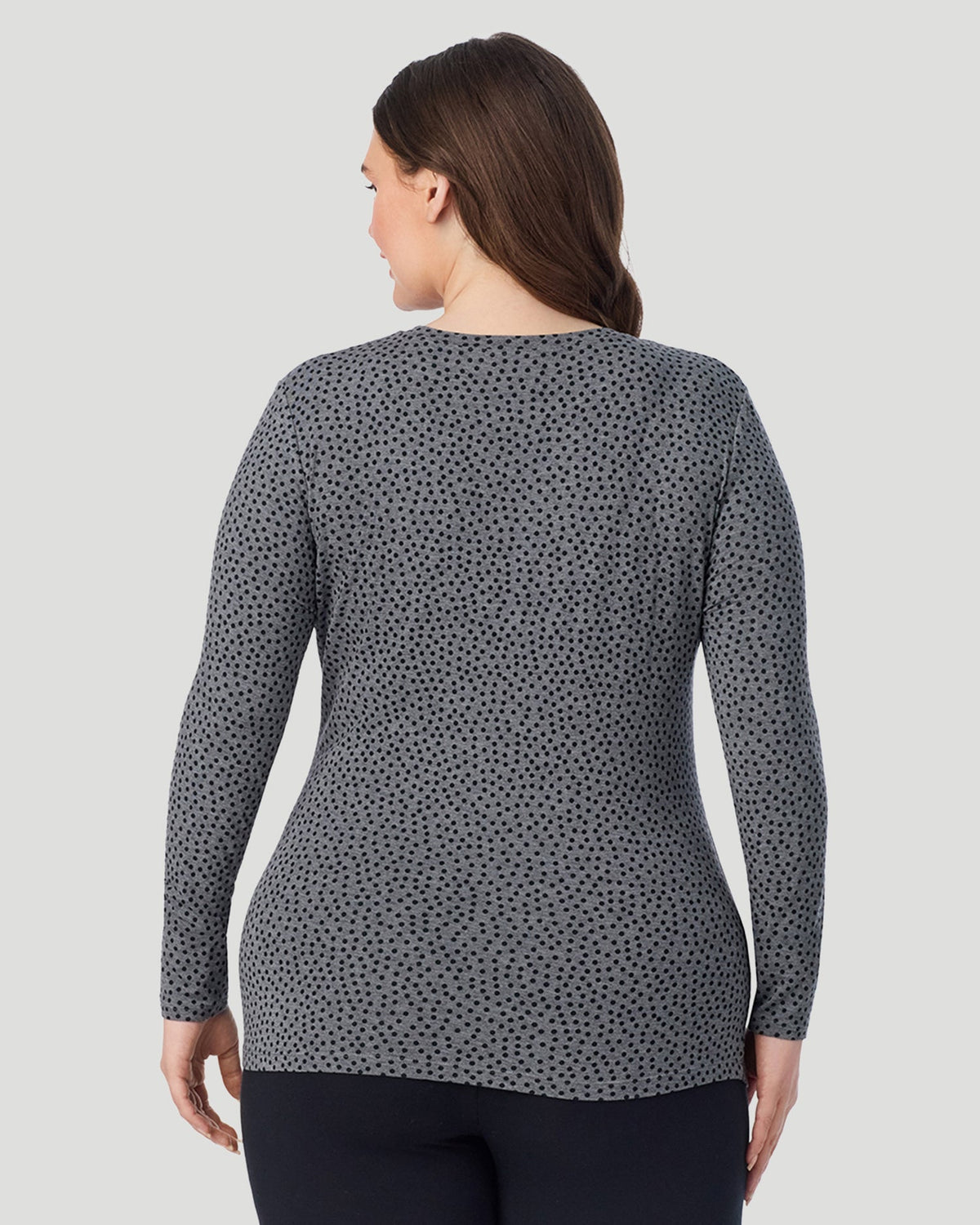  A Plus size lady wearing Charcoal Polka Dot Softwear With Stretch Long Sleeve Crew PLUS in a back view pose
