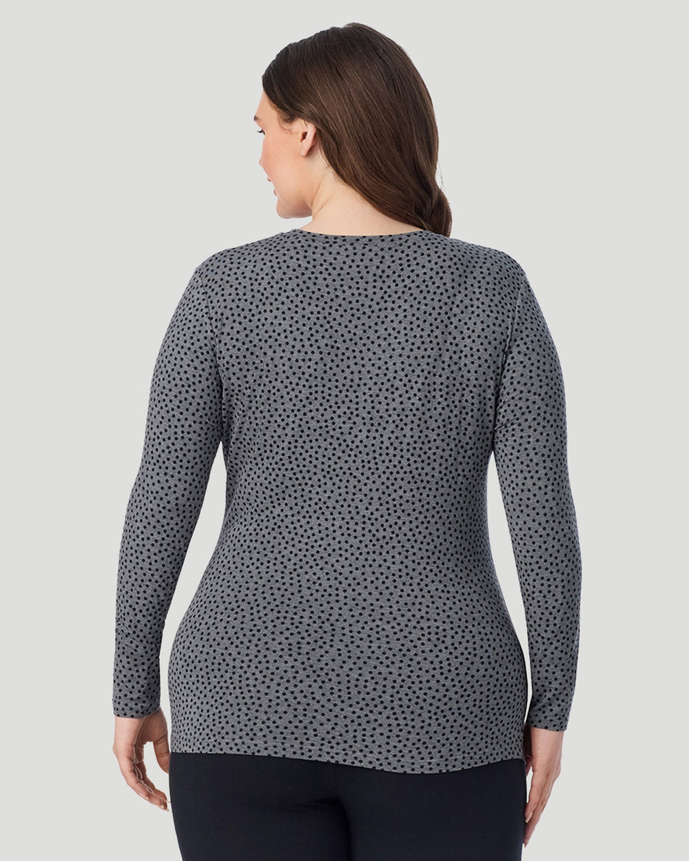 A Plus size lady wearing Charcoal Polka Dot Softwear With Stretch Long Sleeve Crew PLUS in a back view pose