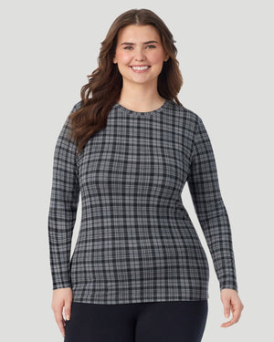  A Plus size lady wearing Charcoal Tartan Softwear With Stretch Long Sleeve Crew PLUS in a front view pose
