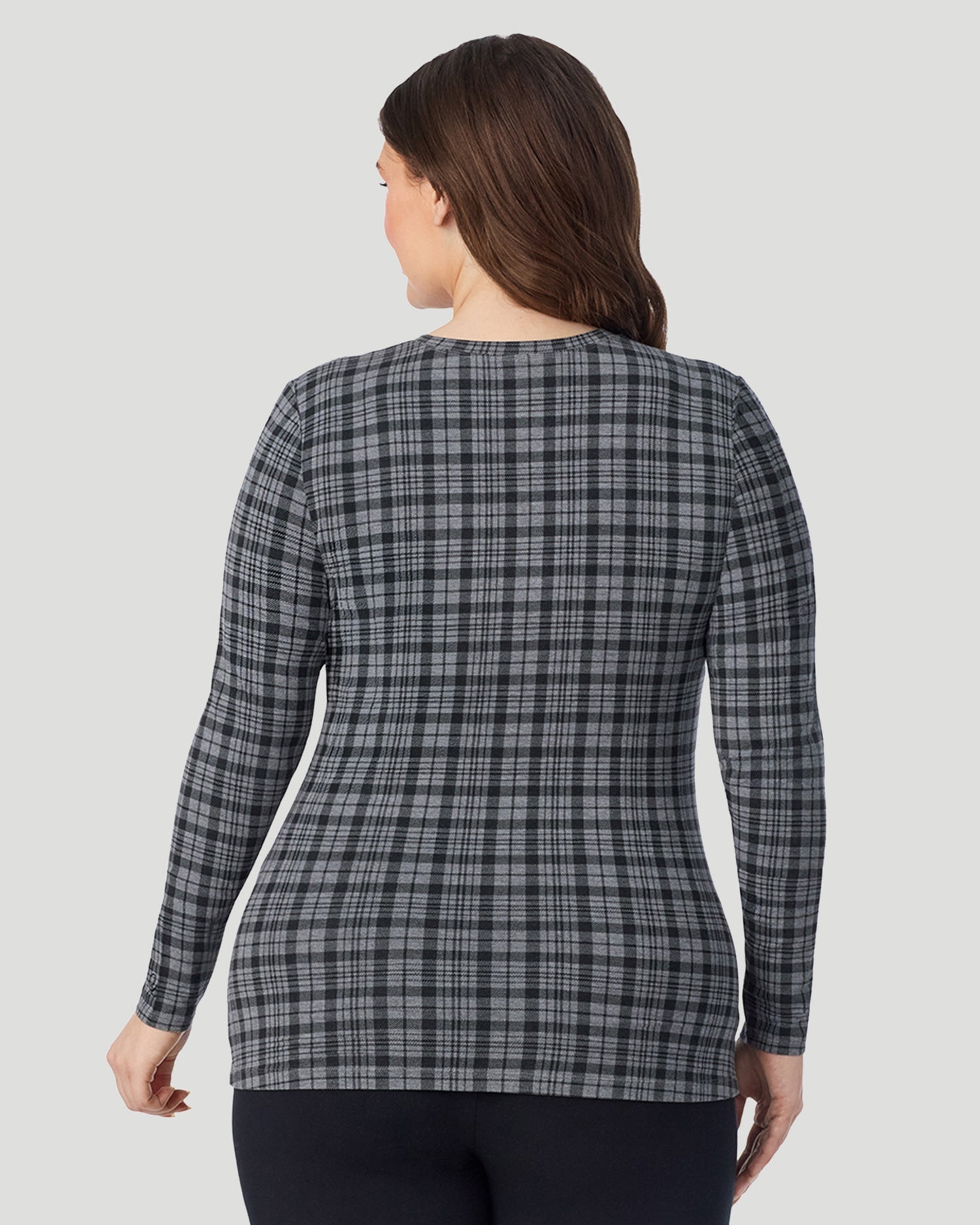  A Plus size lady wearing Charcoal Tartan Softwear With Stretch Long Sleeve Crew PLUS in a back view pose