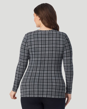  A Plus size lady wearing Charcoal Tartan Softwear With Stretch Long Sleeve Crew PLUS in a back view pose