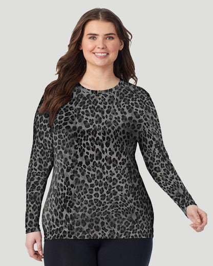  A Plus size lady wearing Charcoal Leopard Softwear With Stretch Long Sleeve Crew PLUS in a front view pose