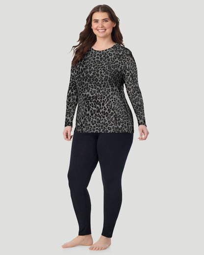  A Plus size lady wearing Charcoal Leopard Softwear With Stretch Long Sleeve Crew PLUS in a front view standing pose