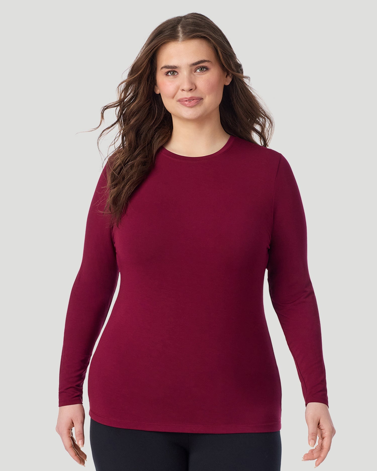  A Plus size lady wearing Scarlet Softwear With Stretch Long Sleeve Crew PLUS in a front view pose