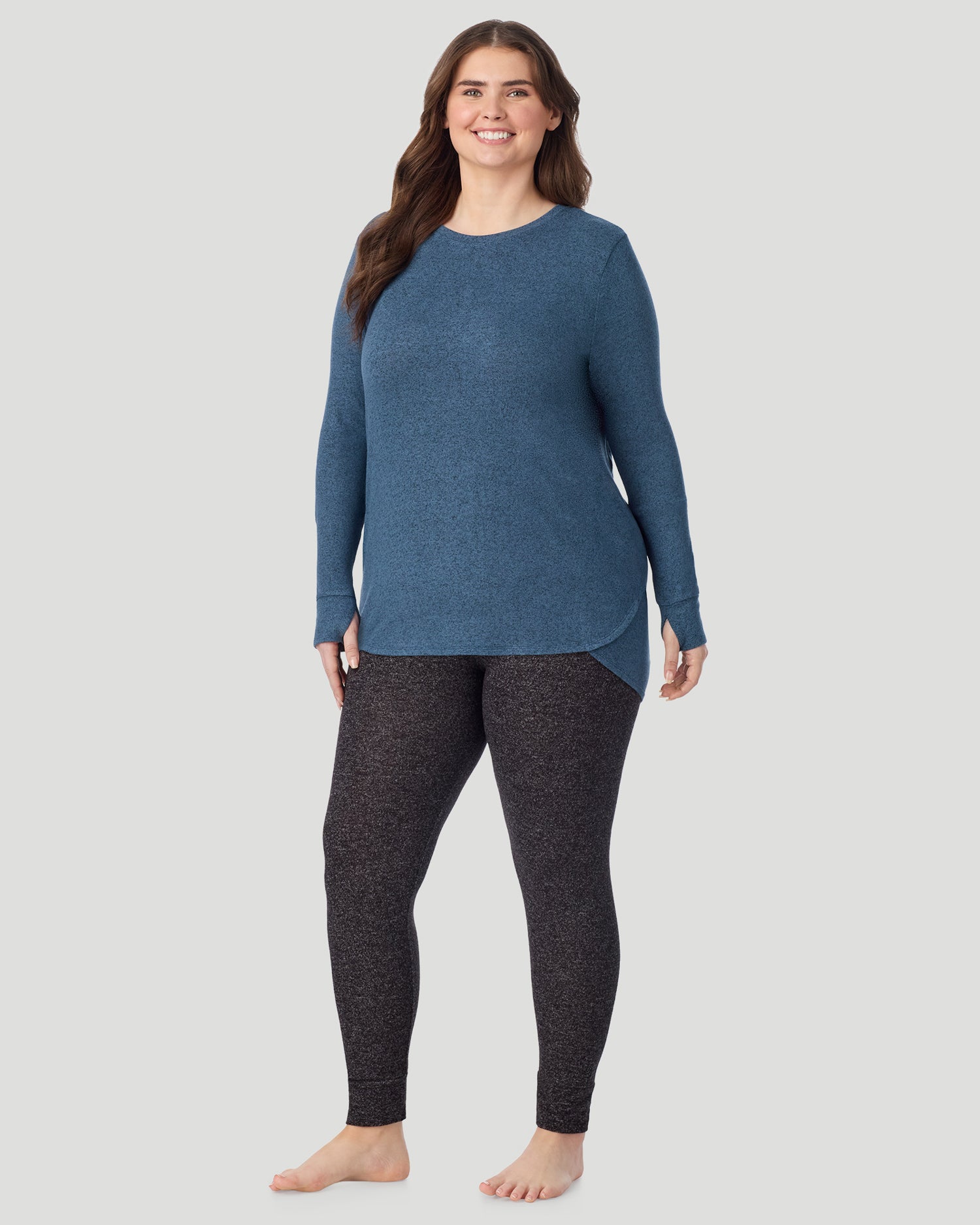  A Lady is wearing Deep Chambray SoftKnit Long Sleeve Crew PLUS in a front look standing view