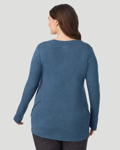  A Lady is wearing Deep Chambray SoftKnit Long Sleeve Crew PLUS in a back look closer view