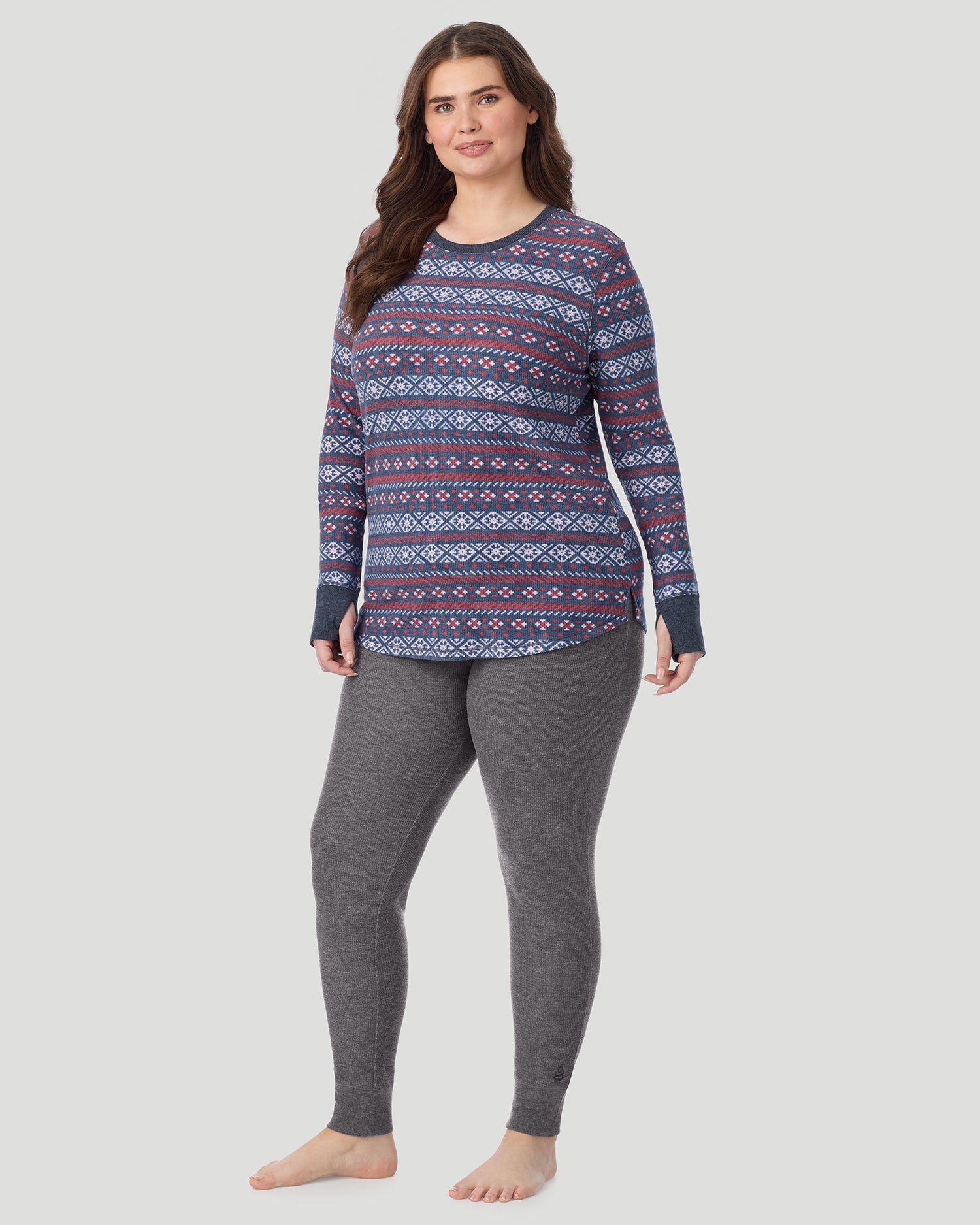 A lady wearing Cozy Stretch Thermal Long Sleeve Crew PLUS in Medieval Blue Fairisle 