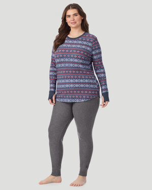  A plus size Lady wearing Medieval Blue Fairisle Cozy Stretch Thermal Long Sleeve Crew PLUS in a front view standing pose