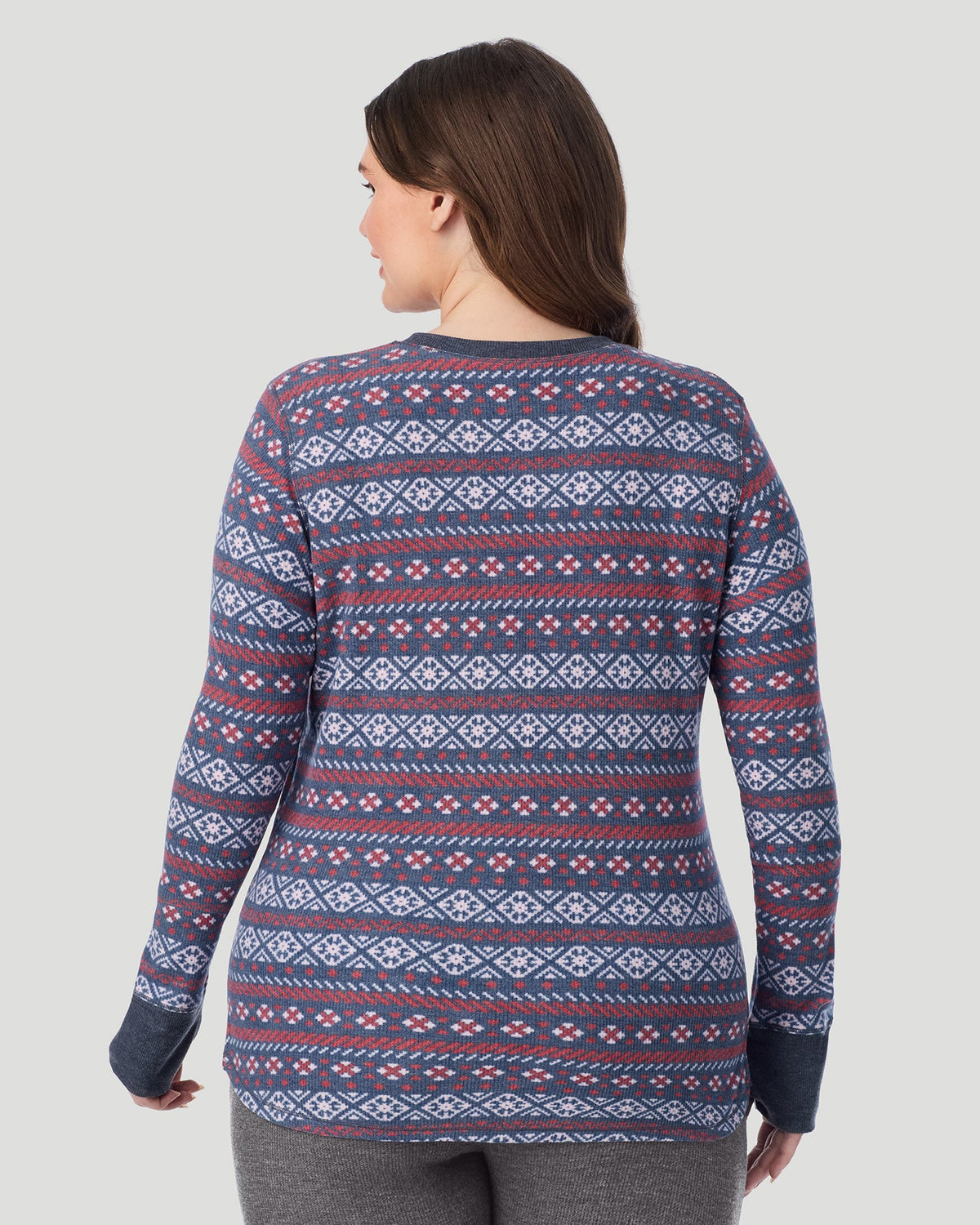 Medieval Blue Fairisle ;@A lady wearing Cozy Stretch Thermal Long Sleeve Crew PLUS in Medieval Blue Fairisle 