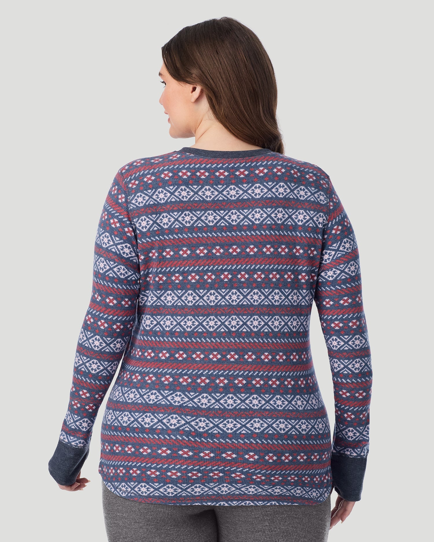 A lady wearing Cozy Stretch Thermal Long Sleeve Crew PLUS in Medieval Blue Fairisle 
