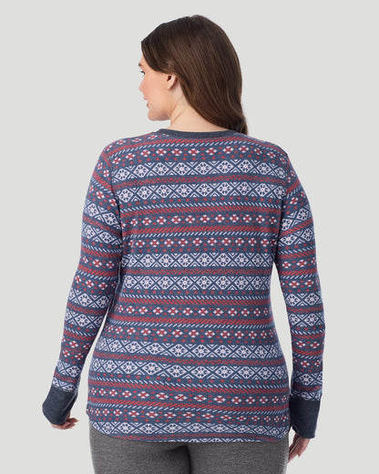 A lady wearing Cozy Stretch Thermal Long Sleeve Crew PLUS in Medieval Blue Fairisle 
