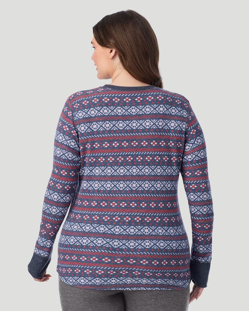  A plus size Lady wearing Medieval Blue Fairisle Cozy Stretch Thermal Long Sleeve Crew PLUS in a back view pose