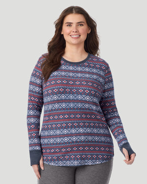  A plus size Lady wearing Medieval Blue Fairisle Cozy Stretch Thermal Long Sleeve Crew PLUS in a front view pose