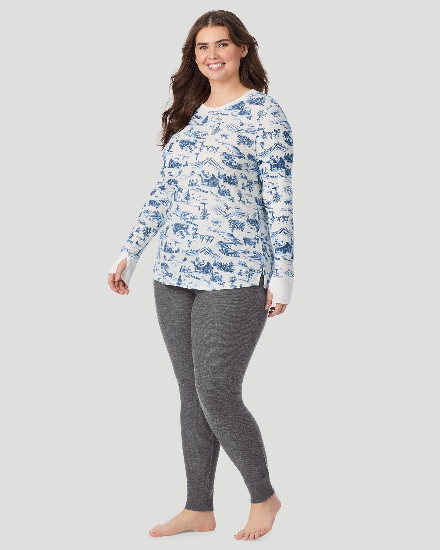 Blue Winter Toile;@A lady wearing Cozy Stretch Thermal Long Sleeve Crew PLUS in Blue Winter Toile