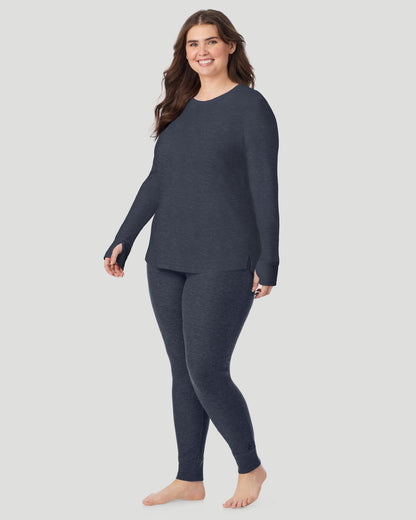 A lady wearing Cozy Stretch Thermal Long Sleeve Crew PLUS in Medieval Blue Heather