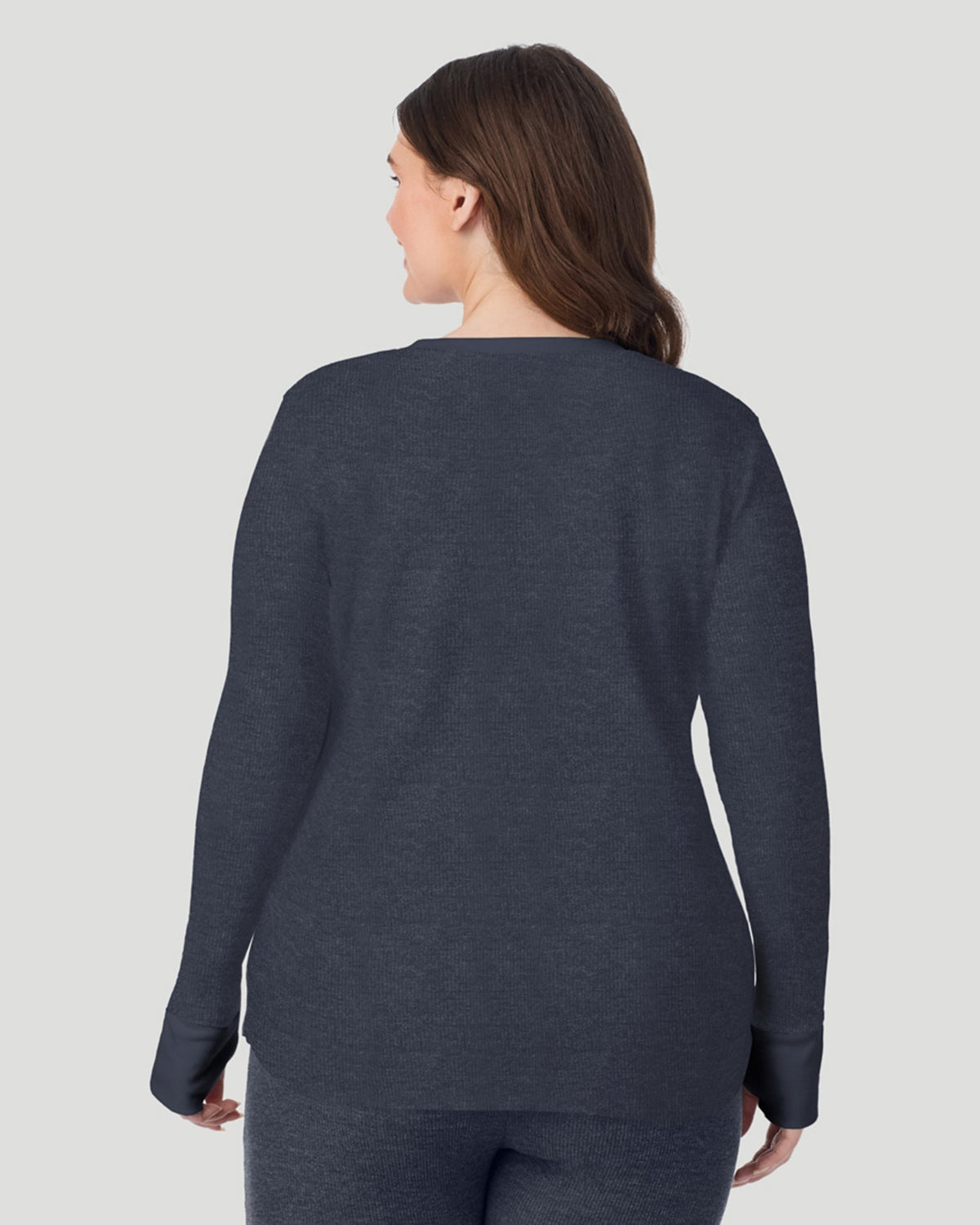 A lady wearing Cozy Stretch Thermal Long Sleeve Crew PLUS in Medieval Blue Heather