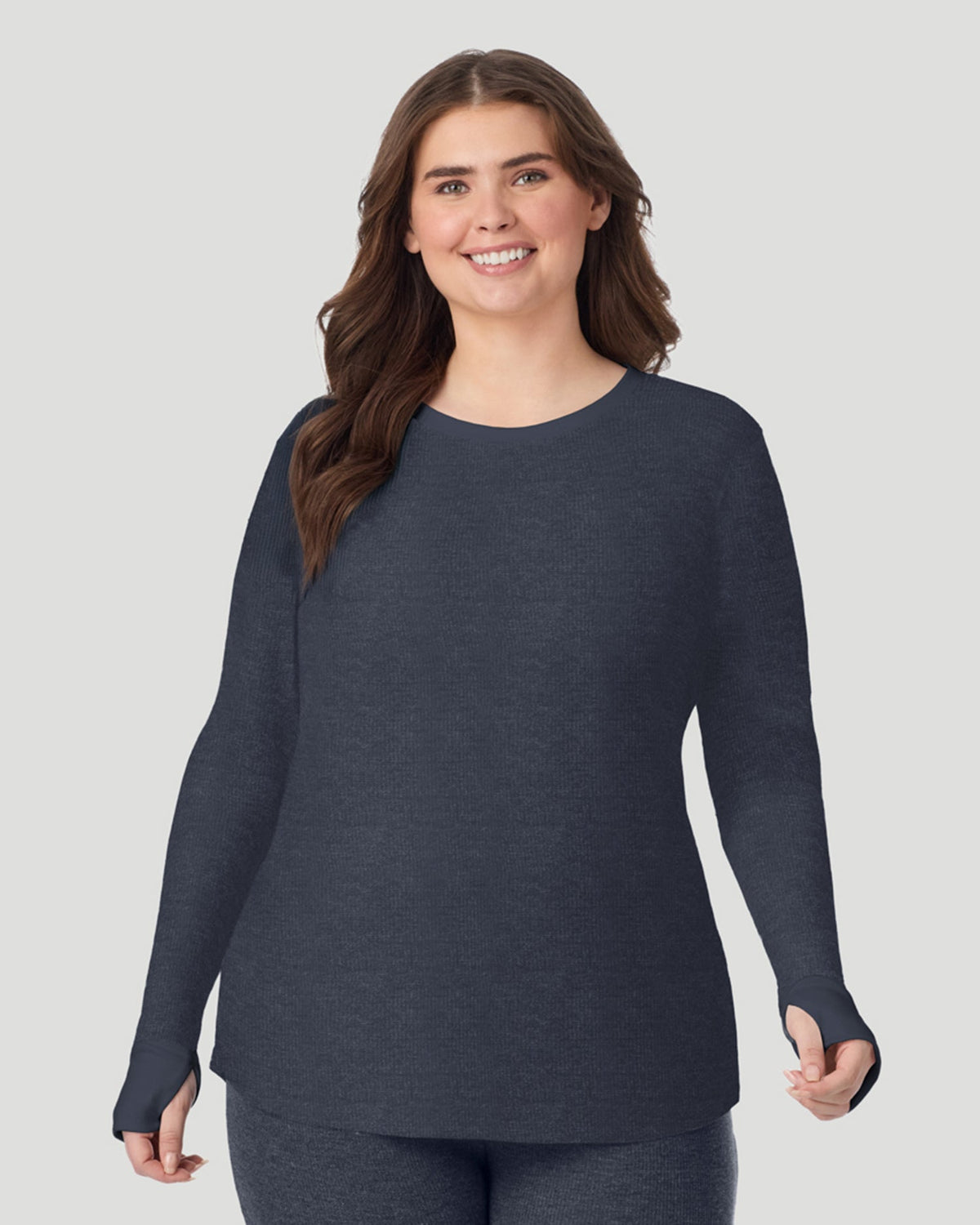 Medieval Blue Heather;@A lady wearing Cozy Stretch Thermal Long Sleeve Crew PLUS in Medieval Blue Heather