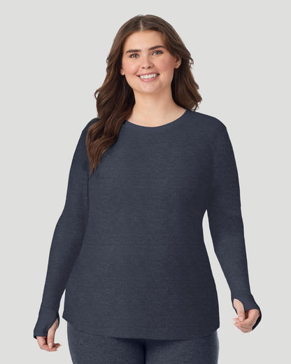 A lady wearing Cozy Stretch Thermal Long Sleeve Crew PLUS in Medieval Blue Heather