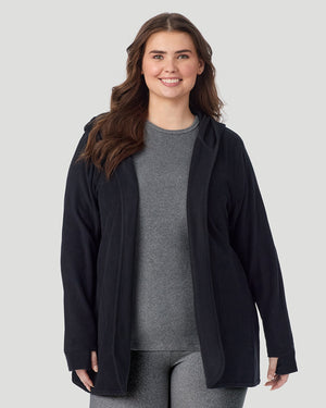 A plus size lady wearing Black Fleecewear with Stretch Wrap With Hood PLUS in a front view look