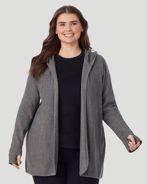 A plus size lady wearing Charcoal Heather Fleecewear with Stretch Wrap With Hood PLUS in a front view look