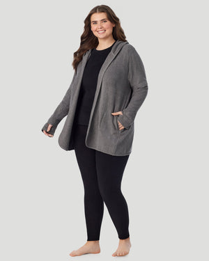 A plus size lady wearing Charcoal Heather Fleecewear with Stretch Wrap With Hood PLUS in a front view standing pose