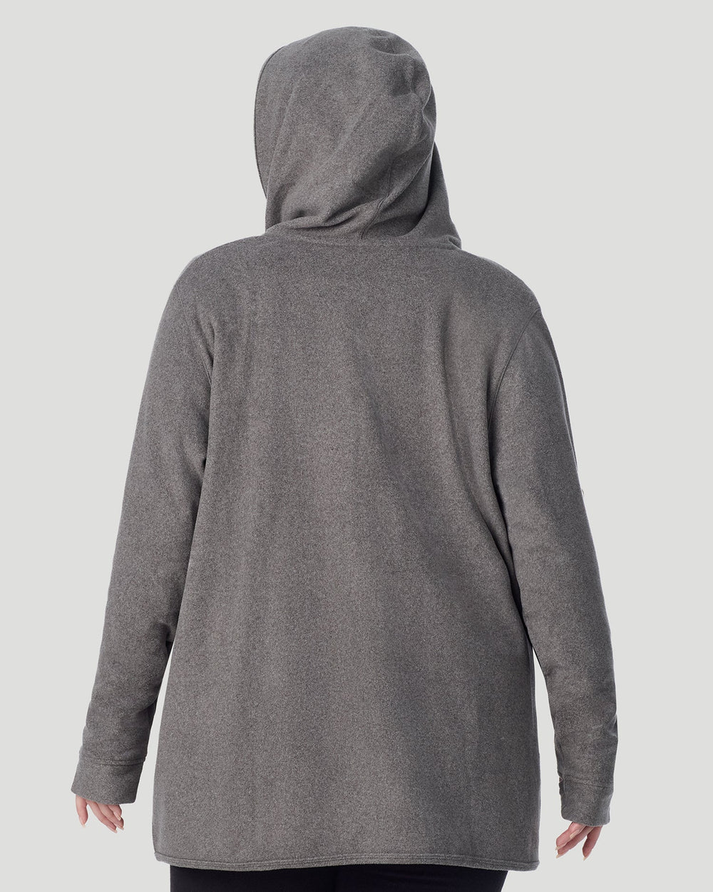 A plus size lady wearing Charcoal Heather Fleecewear with Stretch Wrap With Hood PLUS in a back view look