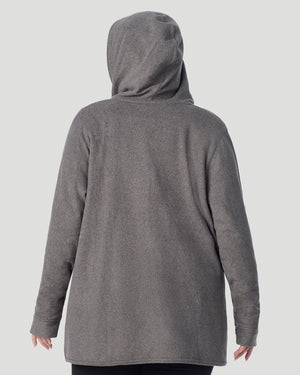A plus size lady wearing Charcoal Heather Fleecewear with Stretch Wrap With Hood PLUS in a back view look