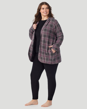 A plus size lady wearing Charcoal Tartan Fleecewear with Stretch Wrap With Hood PLUS in a front view standing pose