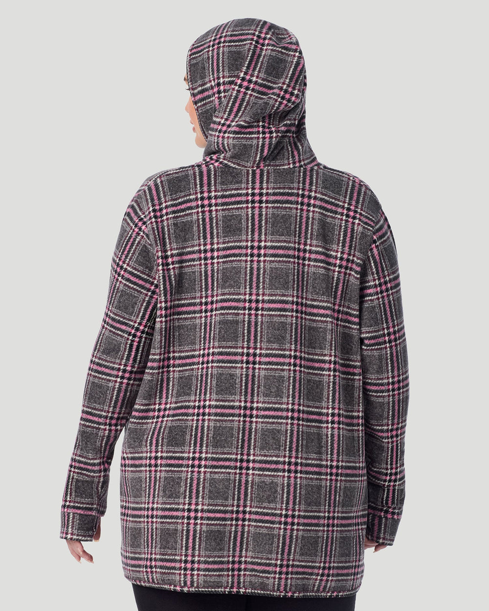 A plus size lady wearing Charcoal Tartan Fleecewear with Stretch Wrap With Hood PLUS in a back view look