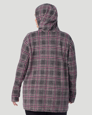 A plus size lady wearing Charcoal Tartan Fleecewear with Stretch Wrap With Hood PLUS in a back view look
