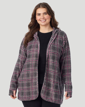 A plus size lady wearing Charcoal Tartan Fleecewear with Stretch Wrap With Hood PLUS in a front view look