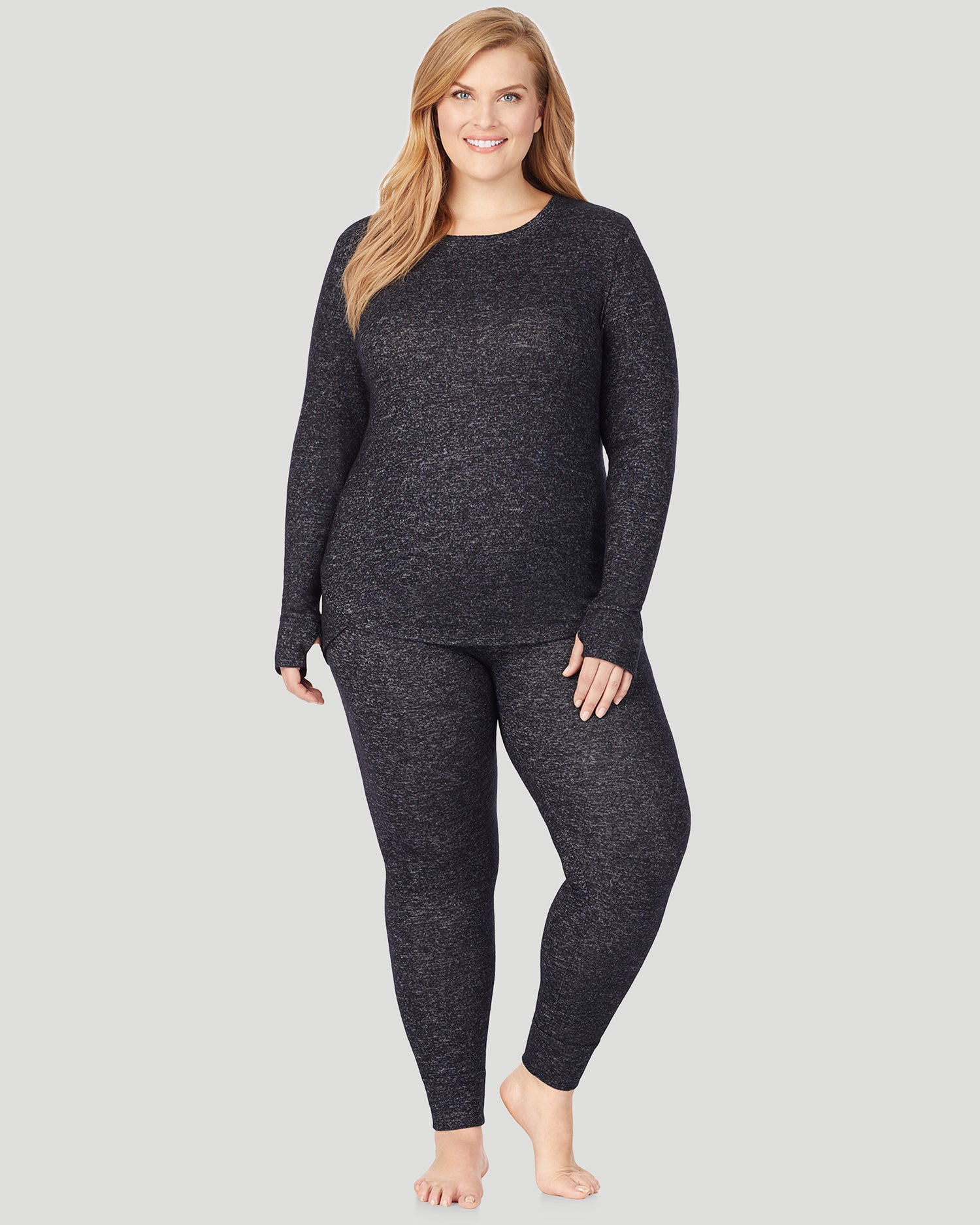 A lady wearing SoftKnit Legging PLUS in Marled Dark Charcoal side view side view