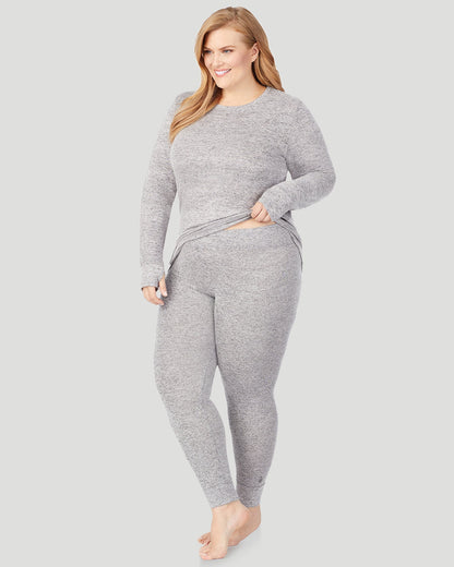 A lady wearing SoftKnit Legging PLUS in Marled Grey back view back view