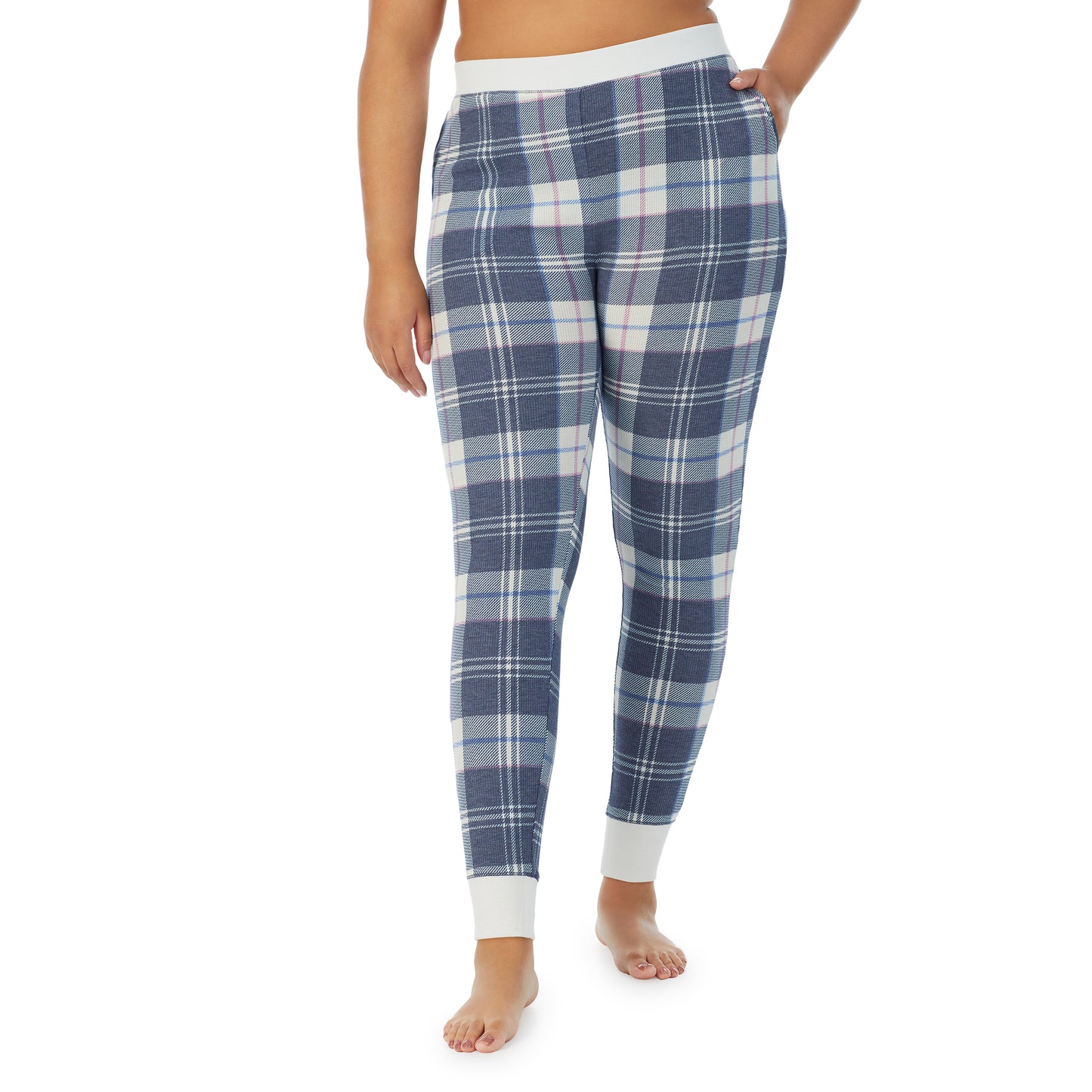Blue Plaid;Model is wearing size 1X. She is 5’11”, Bust 36”, Waist 36.5”, Hips 47.5”. @A lady wearing a Blue Plaid legging plus.