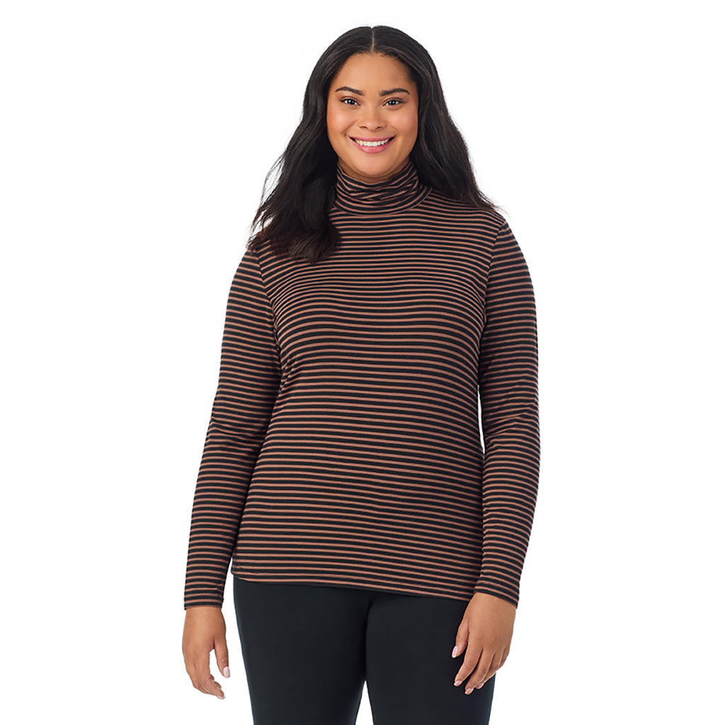 Pecan Stripe; Model is wearing size 1X. She is 5'11", Bust 36", Waist 36.5", Hips 47.5". @A lady wearing pecan stripe long sleeve turtleneck plus softwear with stretch top.