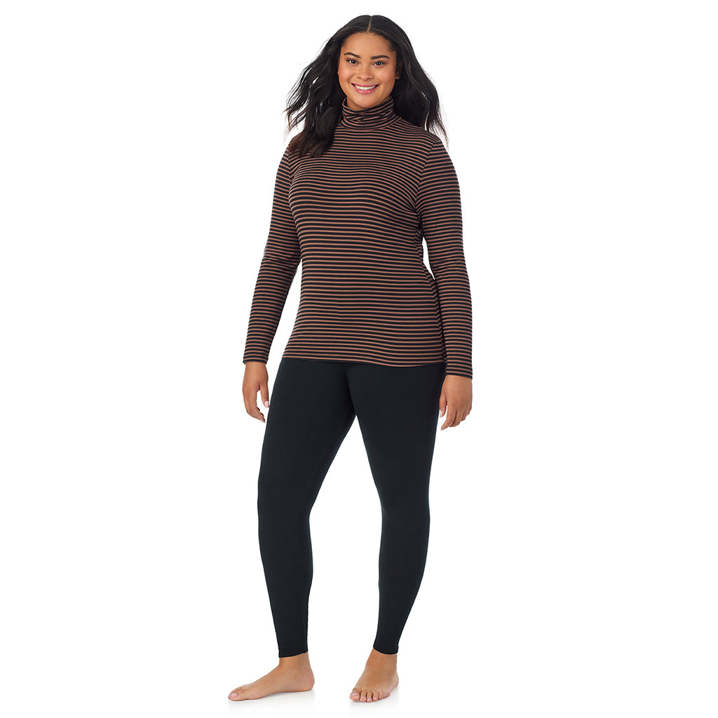 Pecan Stripe; Model is wearing size 1X. She is 5'11", Bust 36", Waist 36.5", Hips 47.5". @A lady wearing pecan stripe long sleeve turtleneck plus softwear with stretch top.