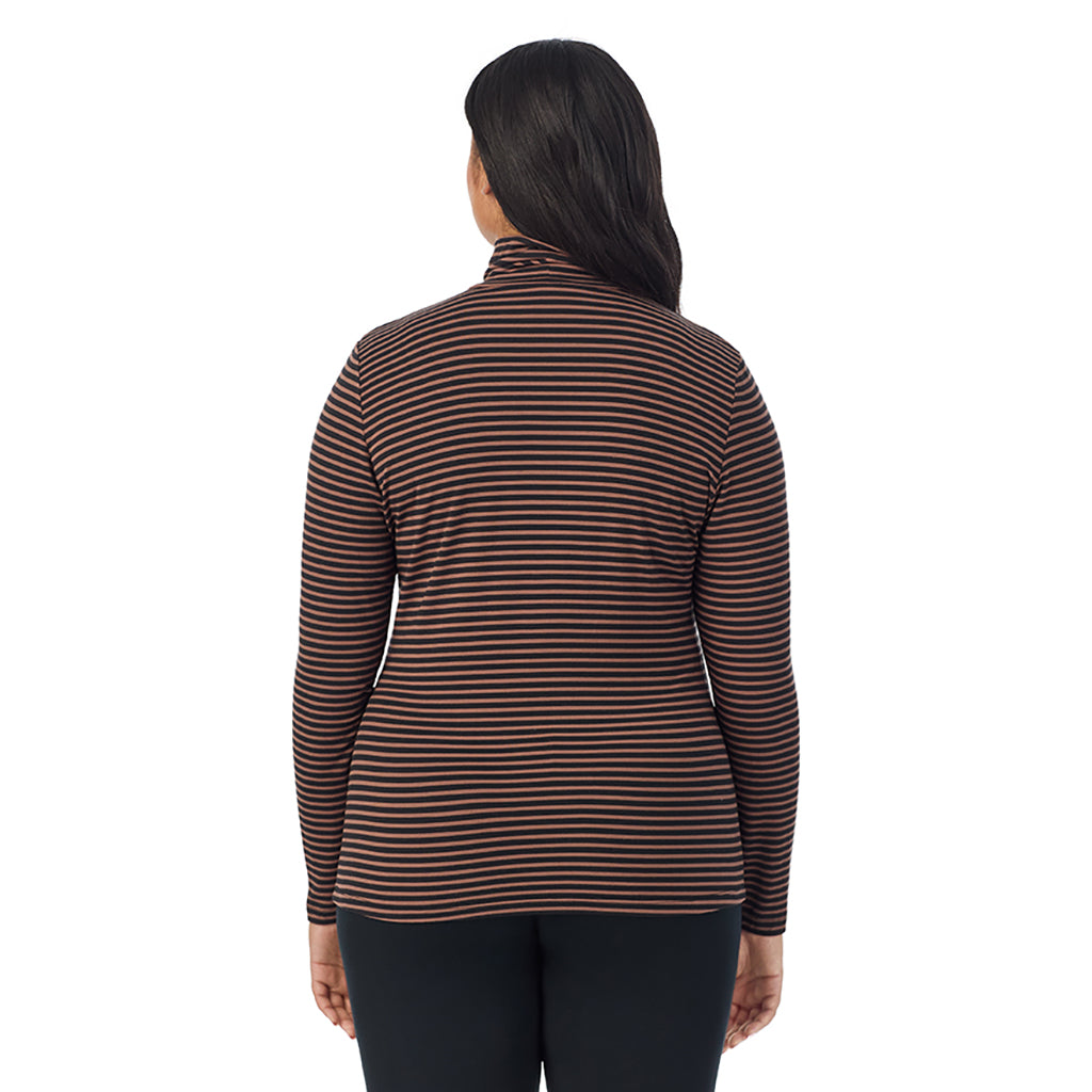 Pecan Stripe; Model is wearing size 1X. She is 5'11", Bust 36", Waist 36.5", Hips 47.5". @A lady wearing pecan stripe long sleeve turtleneck plus softwear with stretch top.