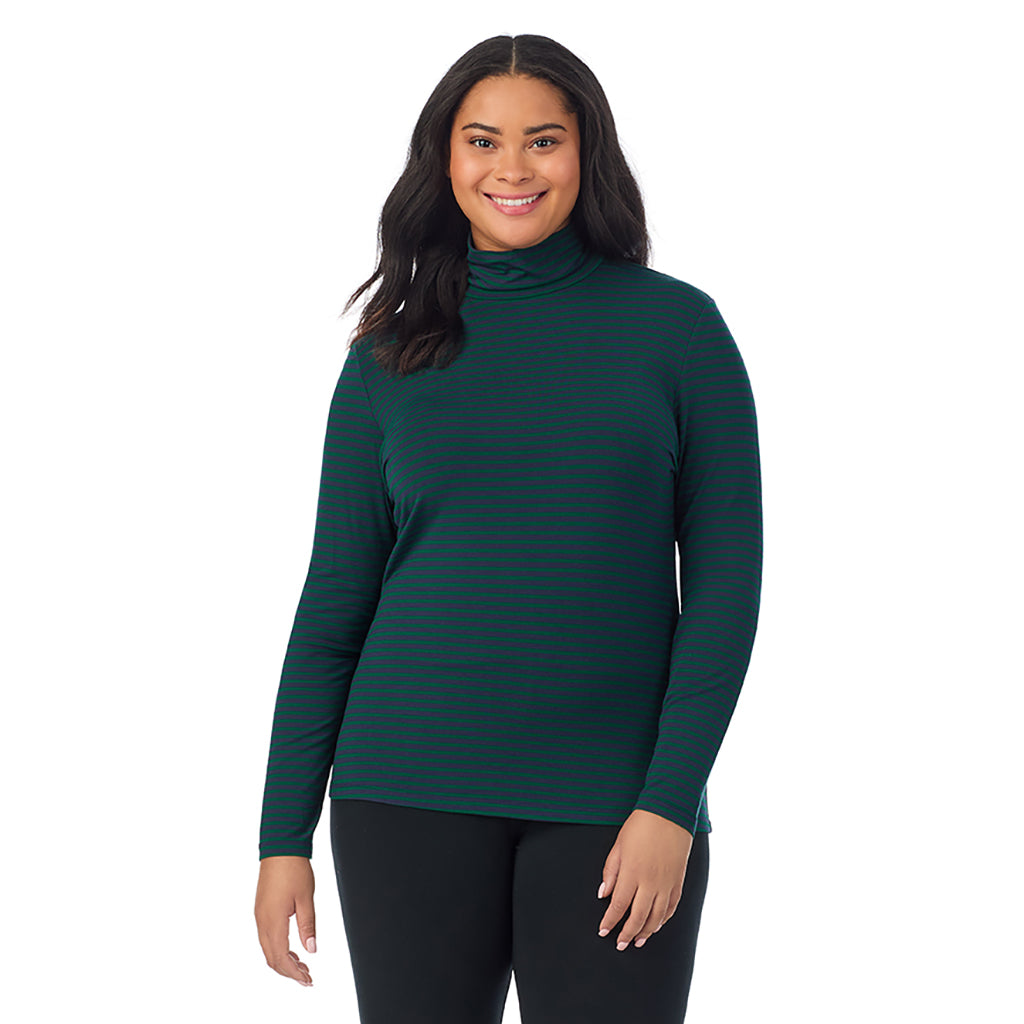 A lady wearing navy green stripe long sleeve turtleneck plus softwear with stretch top.