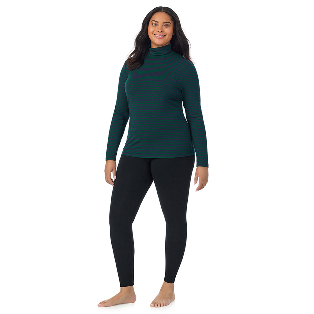 A lady wearing navy green stripe long sleeve turtleneck plus softwear with stretch top.