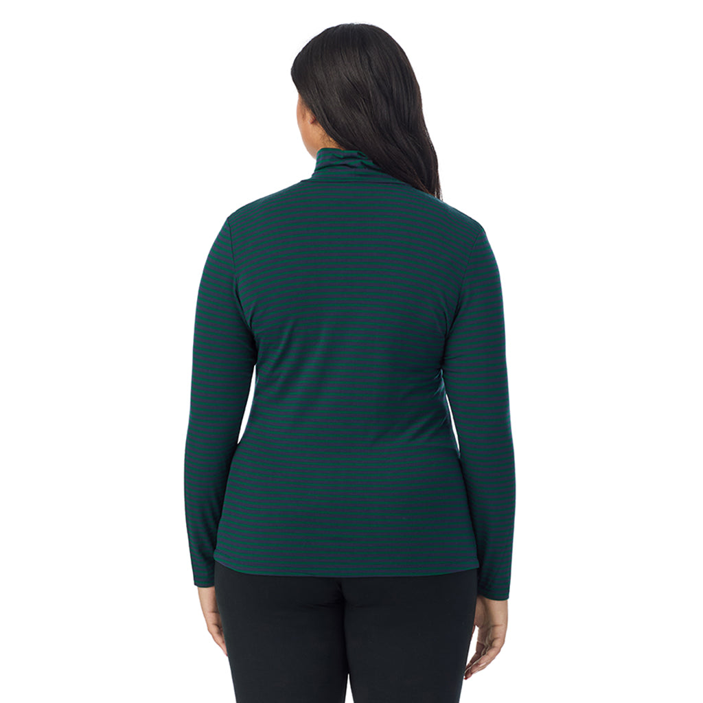 A lady wearing navy green stripe long sleeve turtleneck plus softwear with stretch top.