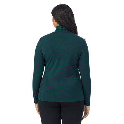 Navy Green Stripe; Model is wearing size 1X. She is 5'11", Bust 36", Waist 36.5", Hips 47.5". @A lady wearing navy green stripe long sleeve turtleneck plus softwear with stretch top.