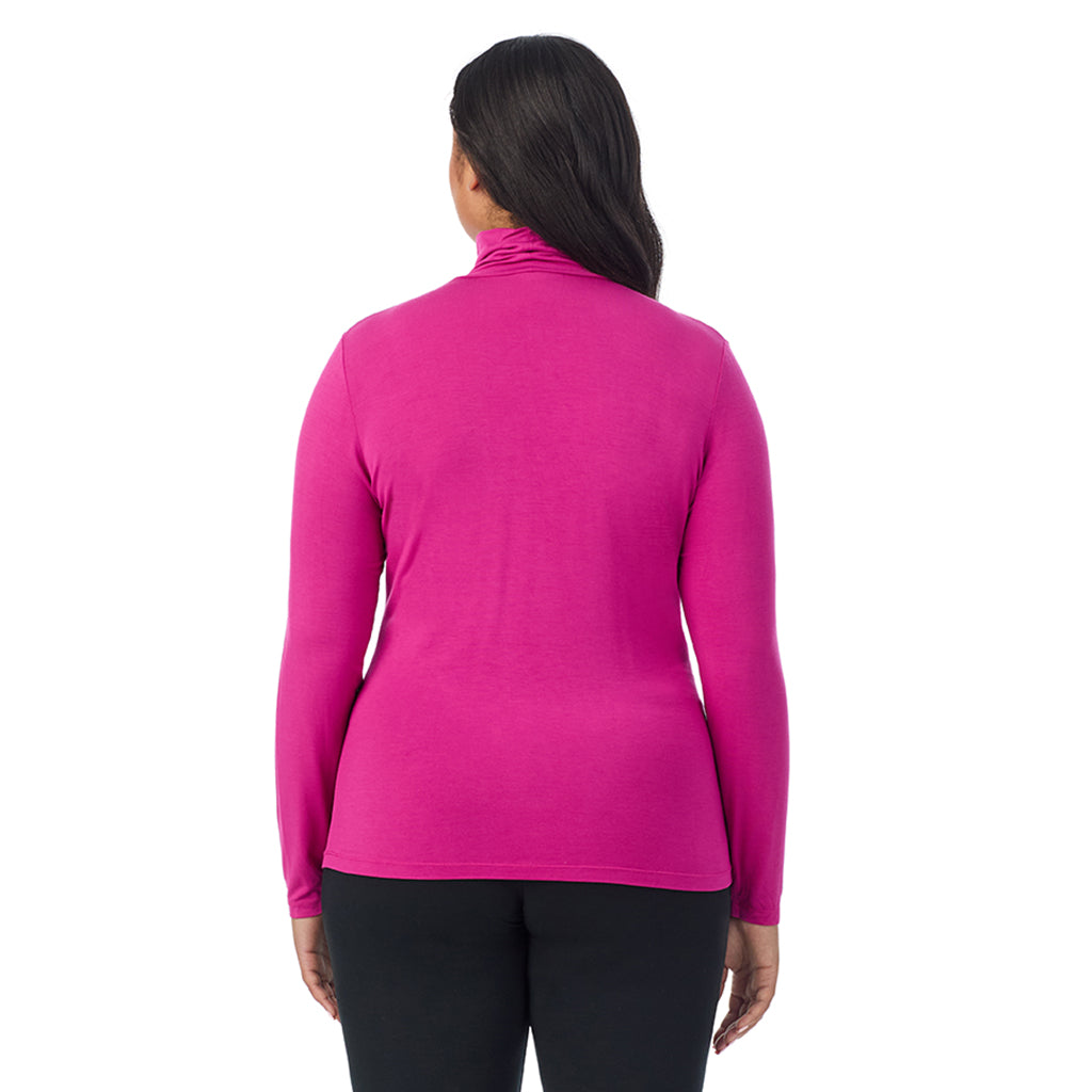 Deep Fuschia; Model is wearing size 1X. She is 5'11", Bust 36", Waist 36.5", Hips 47.5". @A lady wearing deep fuschia long sleeve turtleneck plus softwear with stretch top.