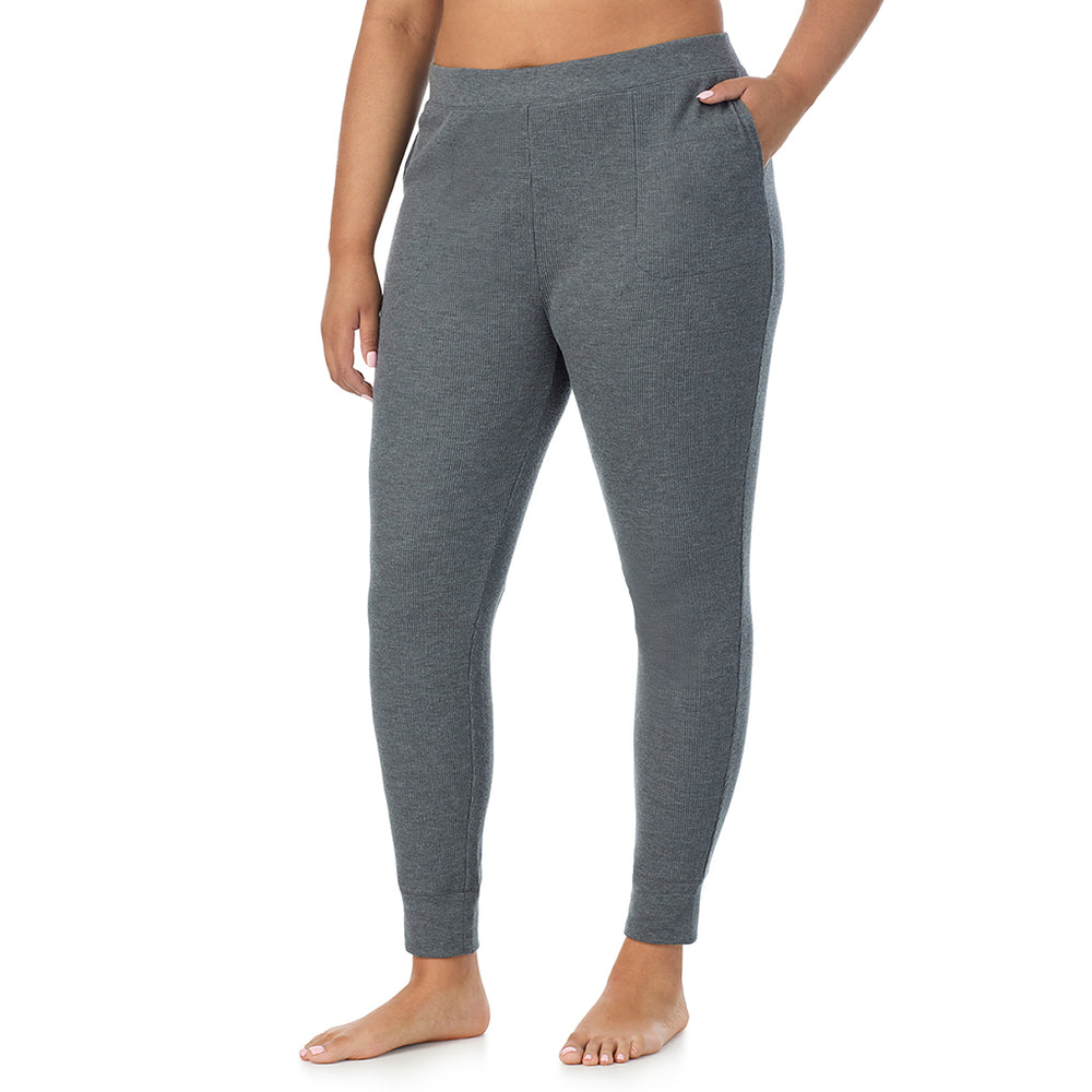 A Lady is wearing a Stone Grey Heather Cozy Stretch Thermal Legging PLUS