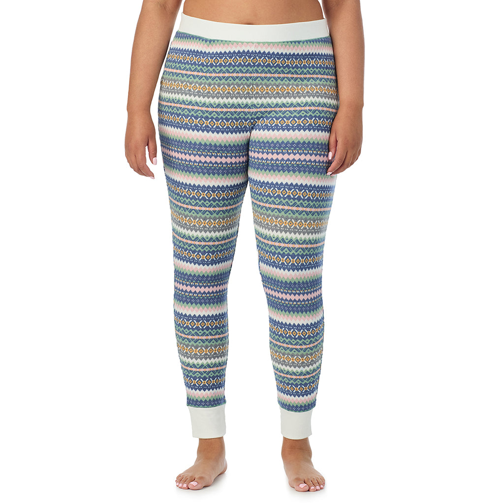  A Lady is wearing a Green Fairisle Cozy Stretch Thermal Legging PLUS