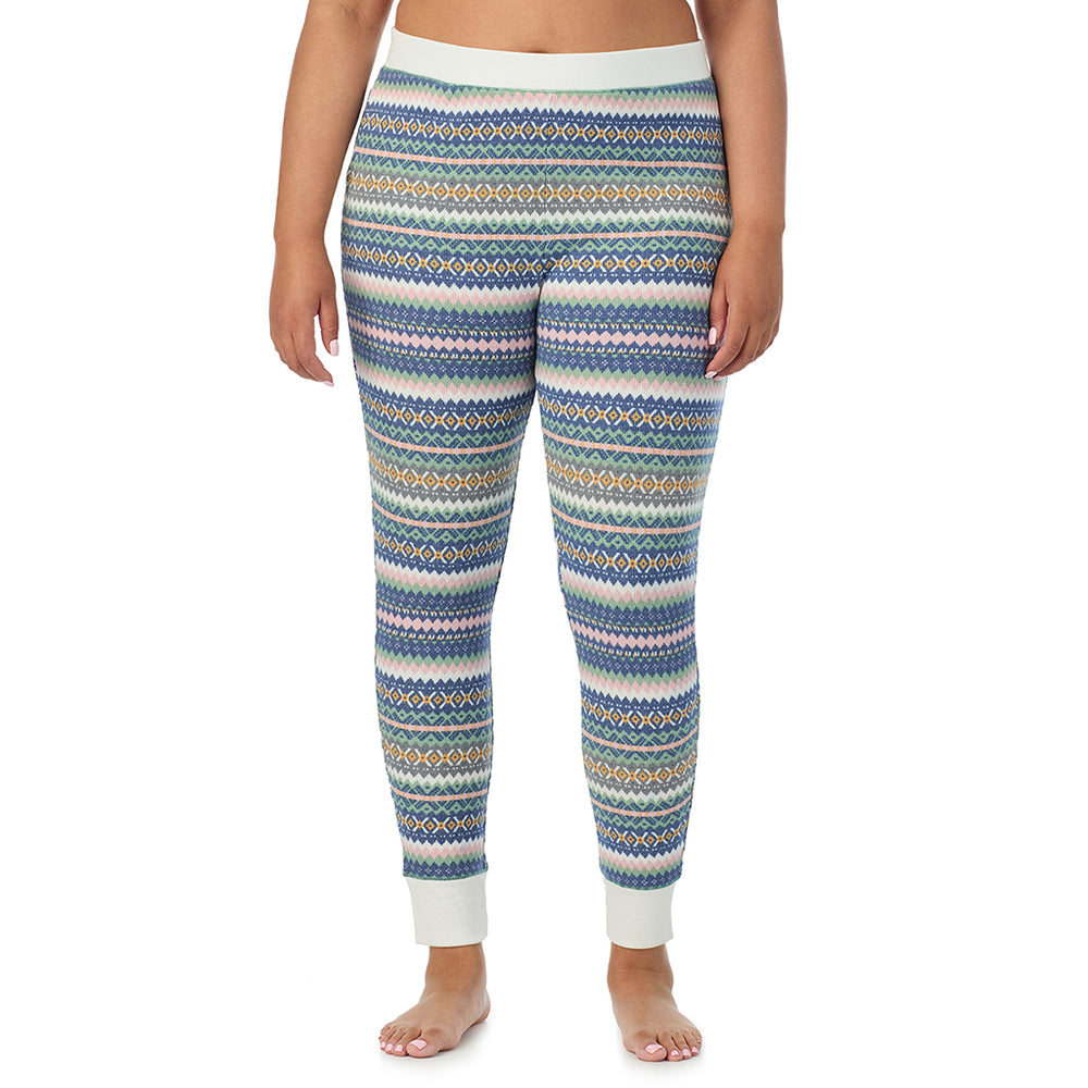 A Lady is wearing a Green Fairisle Cozy Stretch Thermal Legging PLUS