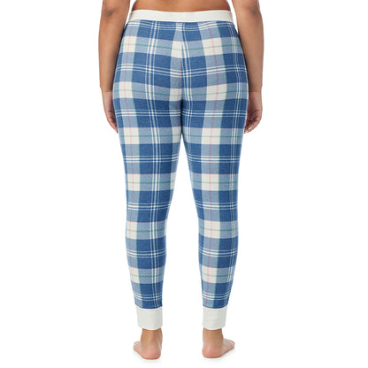 Blue Plaid; Model is wearing size 1X. She is 5'11", Bust 36", Waist 36.5", Hips 47.5"@ A Lady is wearing a Blue Plaid Cozy Stretch Thermal Legging PLUS